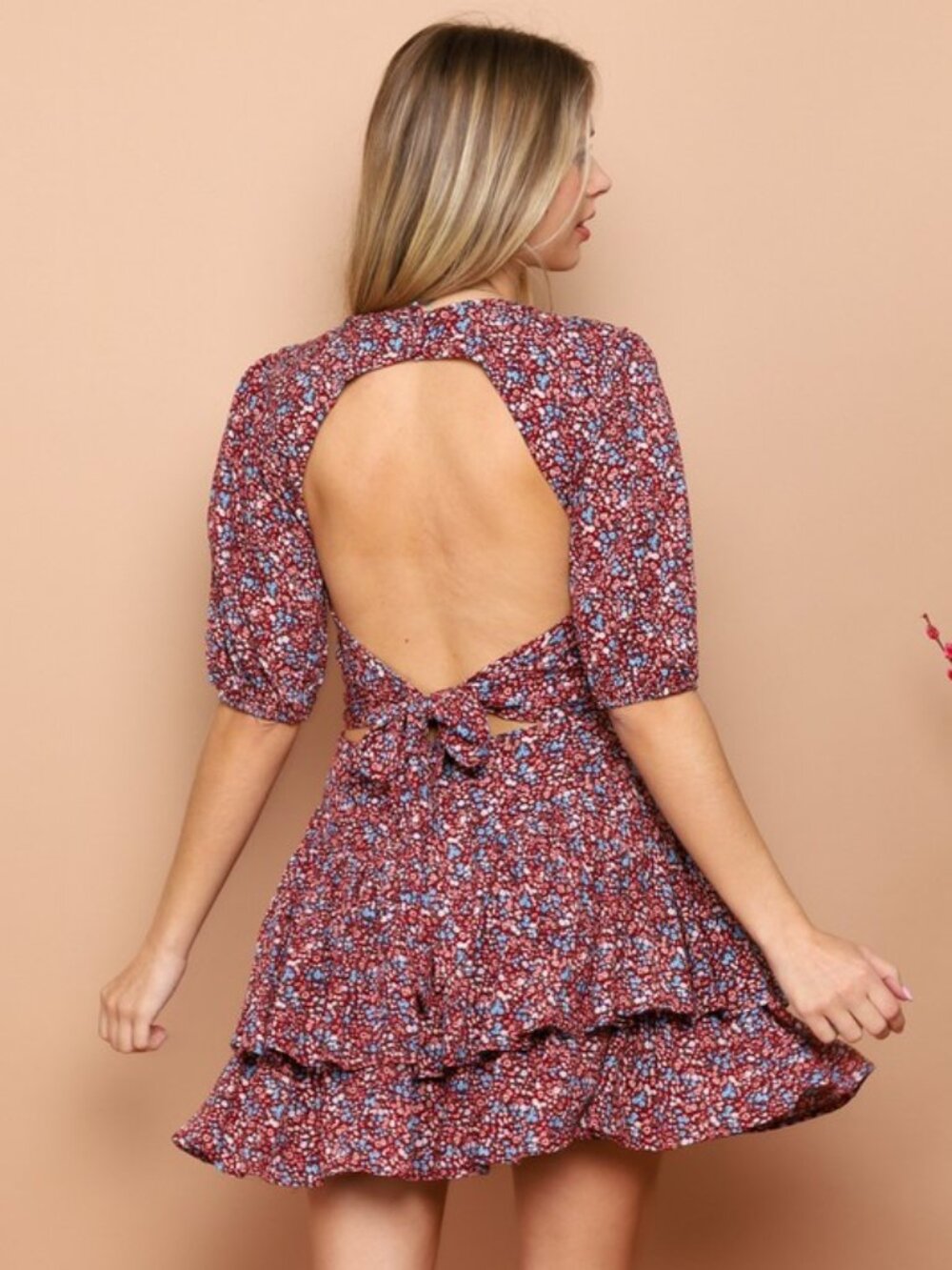 Shop Neighbor Ditsy Floral Puff Sleeve Dress | Open Back | NWT | Burgundy
